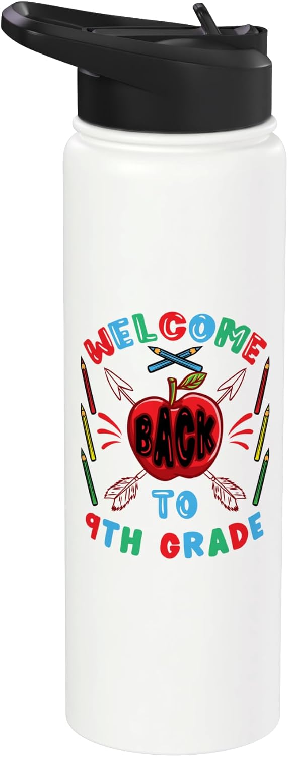 Botella de agua acero inoxidable aislada primer dia de escuela grado noveno