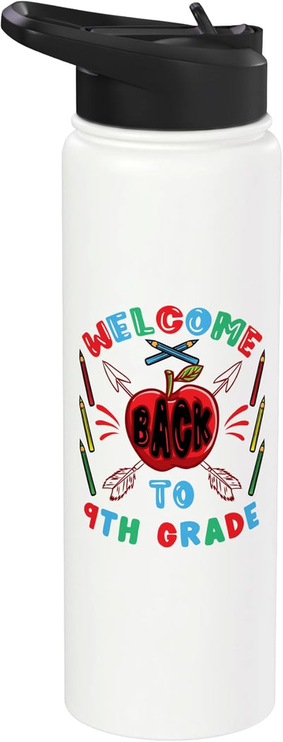 Botella de agua acero inoxidable aislada primer dia de escuela grado noveno
