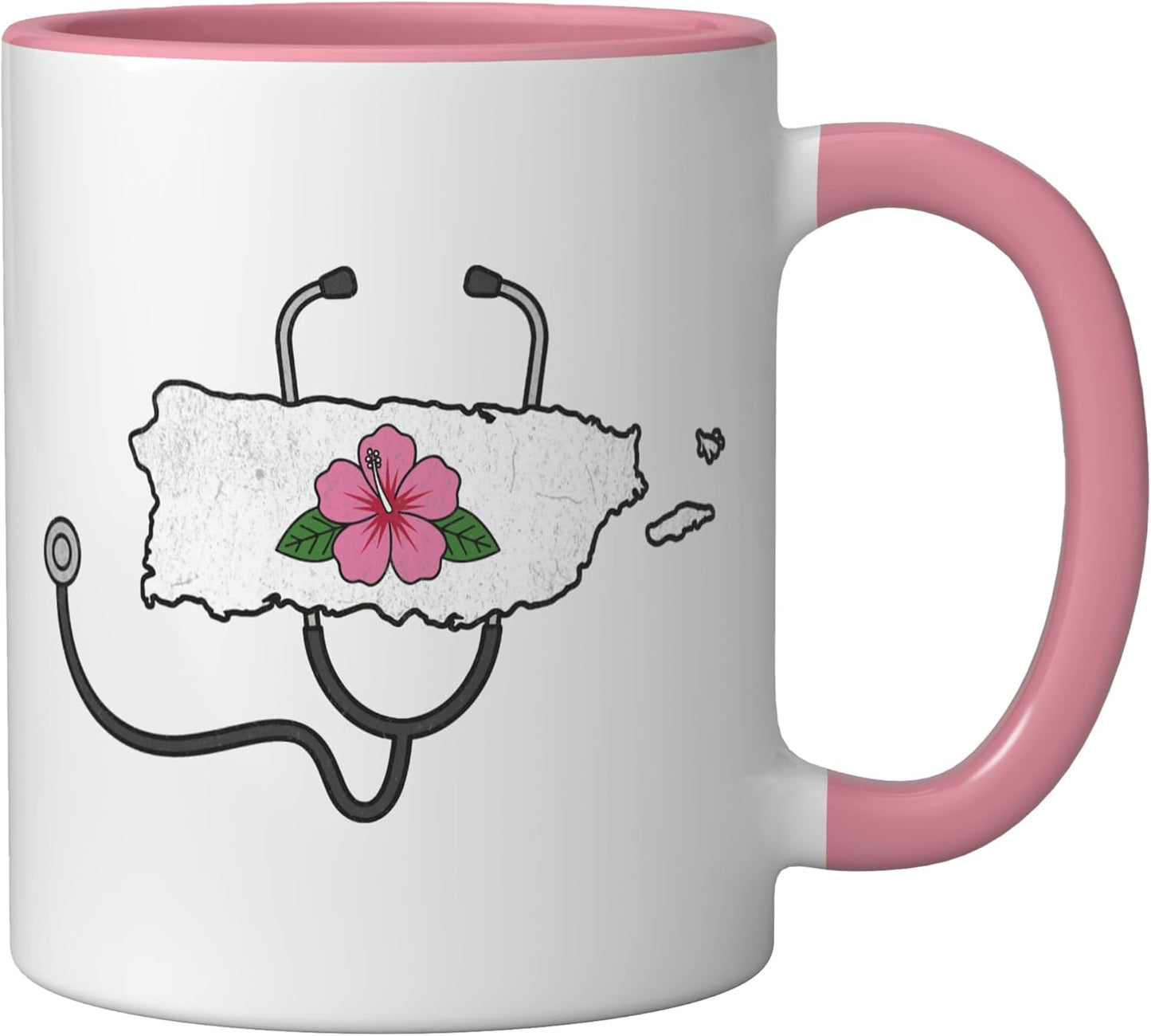 Taza de cerámica con mapa de flores boricua enfermera color rosa y blanco