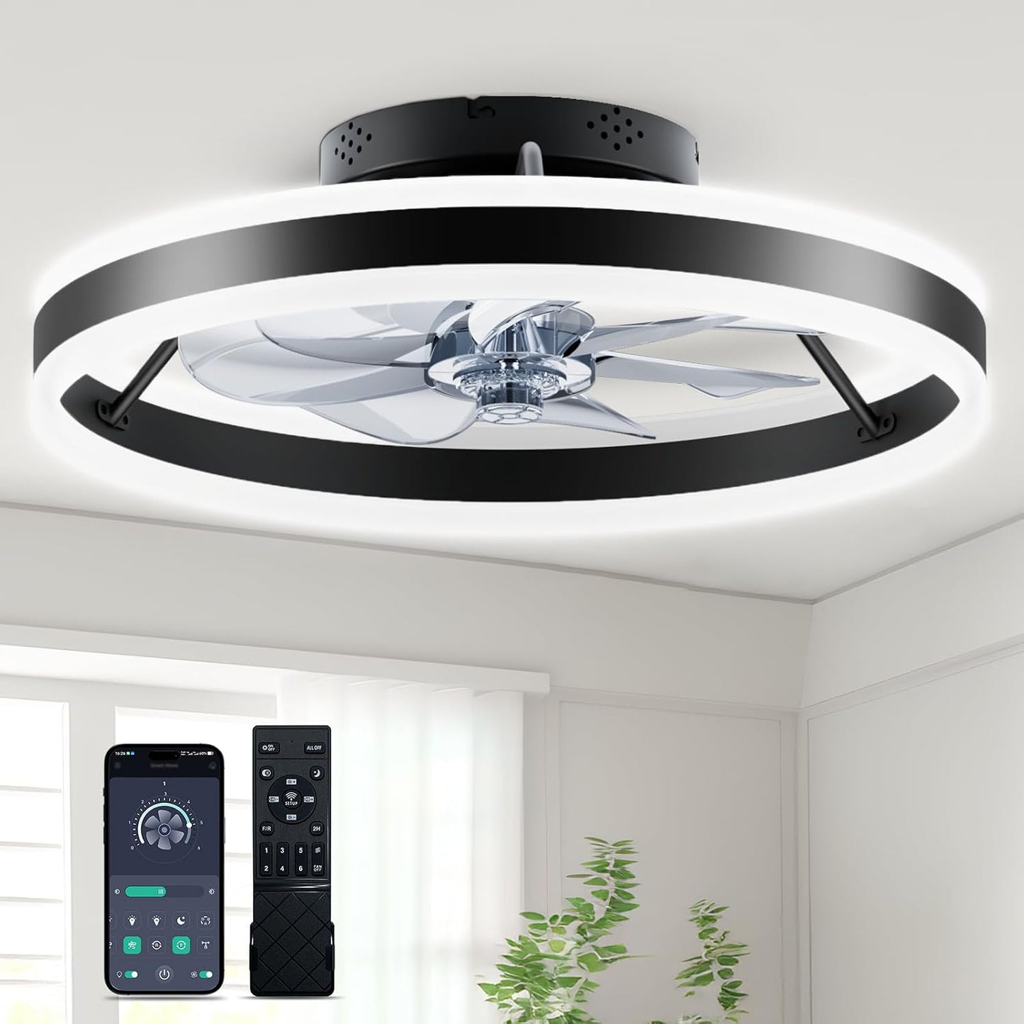 Ventilador techo 20pulg luz LED control remoto 6 vel