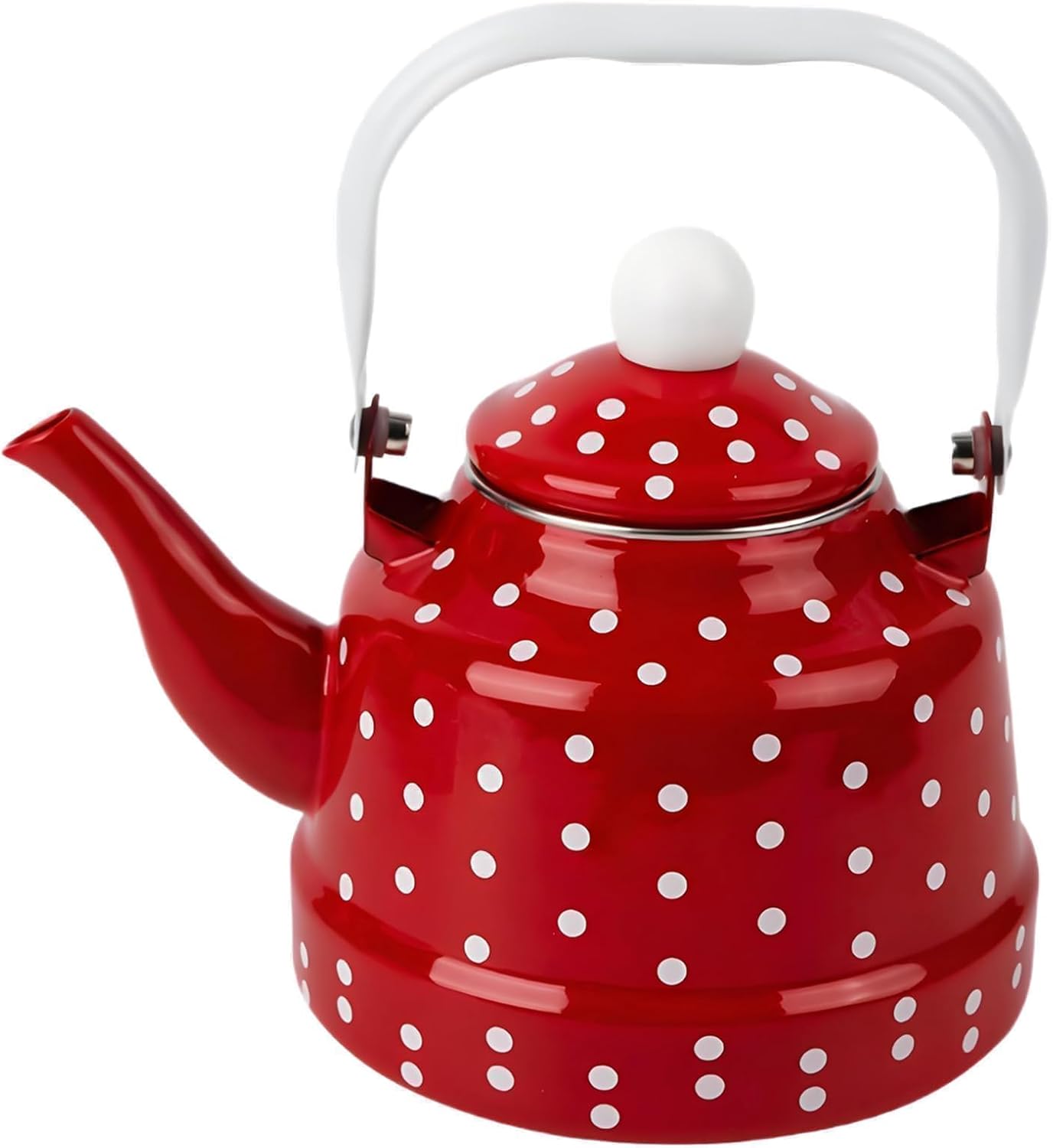 Estufa de té vintage esmaltada 2.5 cuartos de galón con manchas rojas y blancas