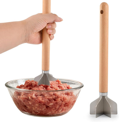 Picador de carne de acero inoxidable con mango de madera resistente