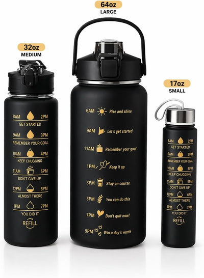 Set botella de agua motivacional con marcas de tiempo 17-64 oz sin BPA negra con detalles dorados