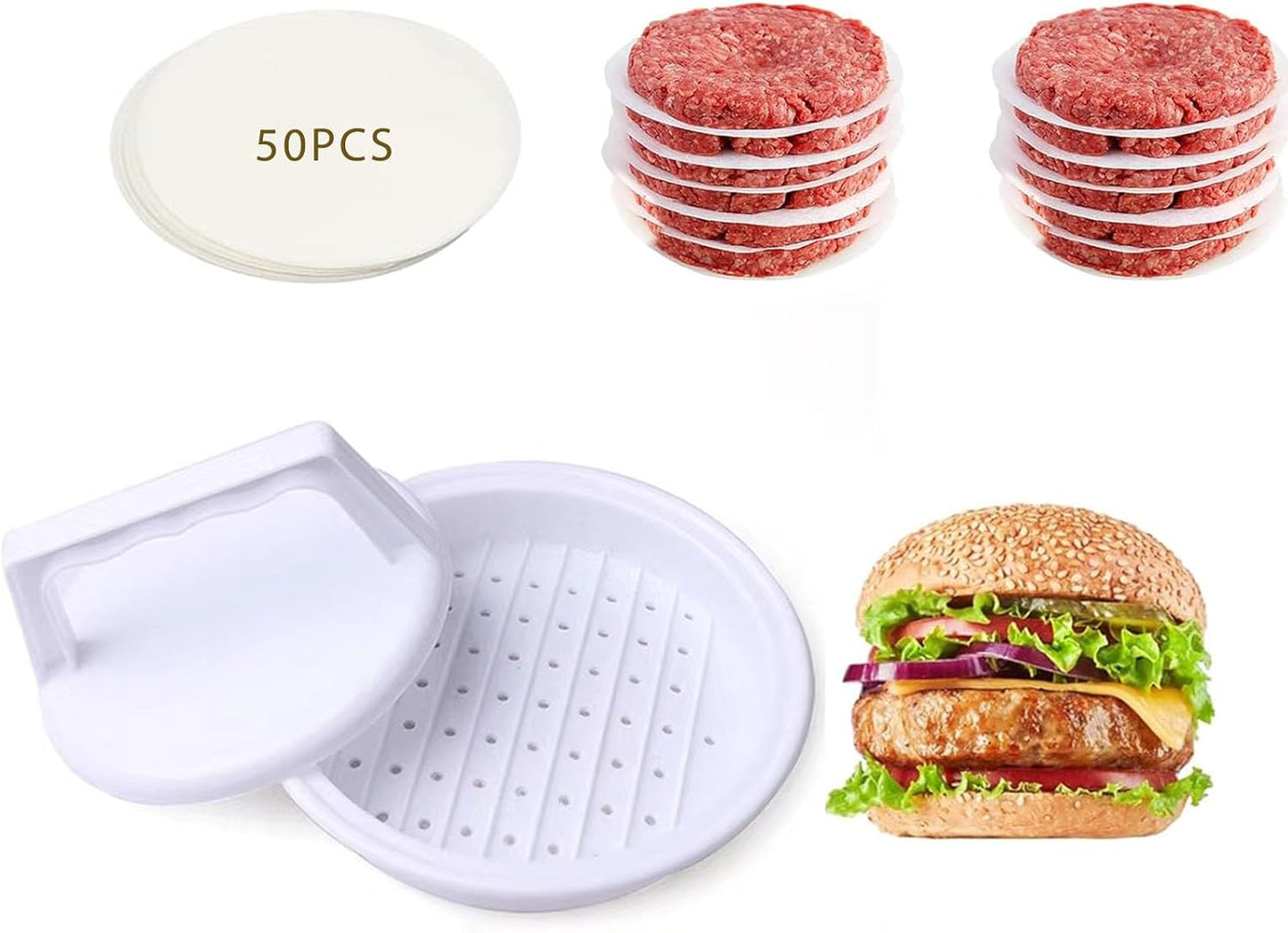 Molde prensa hamburguesas 50 papeles empanada 4.7in plástico blanco