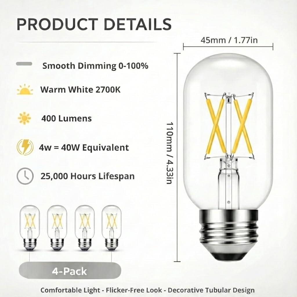 Bombilla LED Edison T45 4W blanco cálido E26 regulable