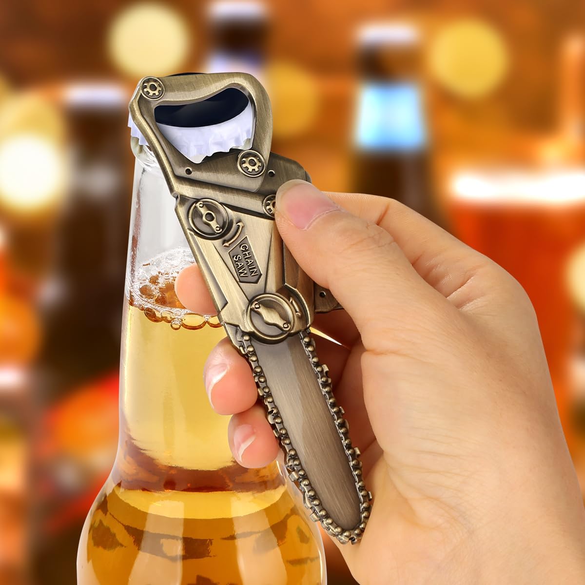 Abrebotellas de motosierra bronce con bolsa de regalo