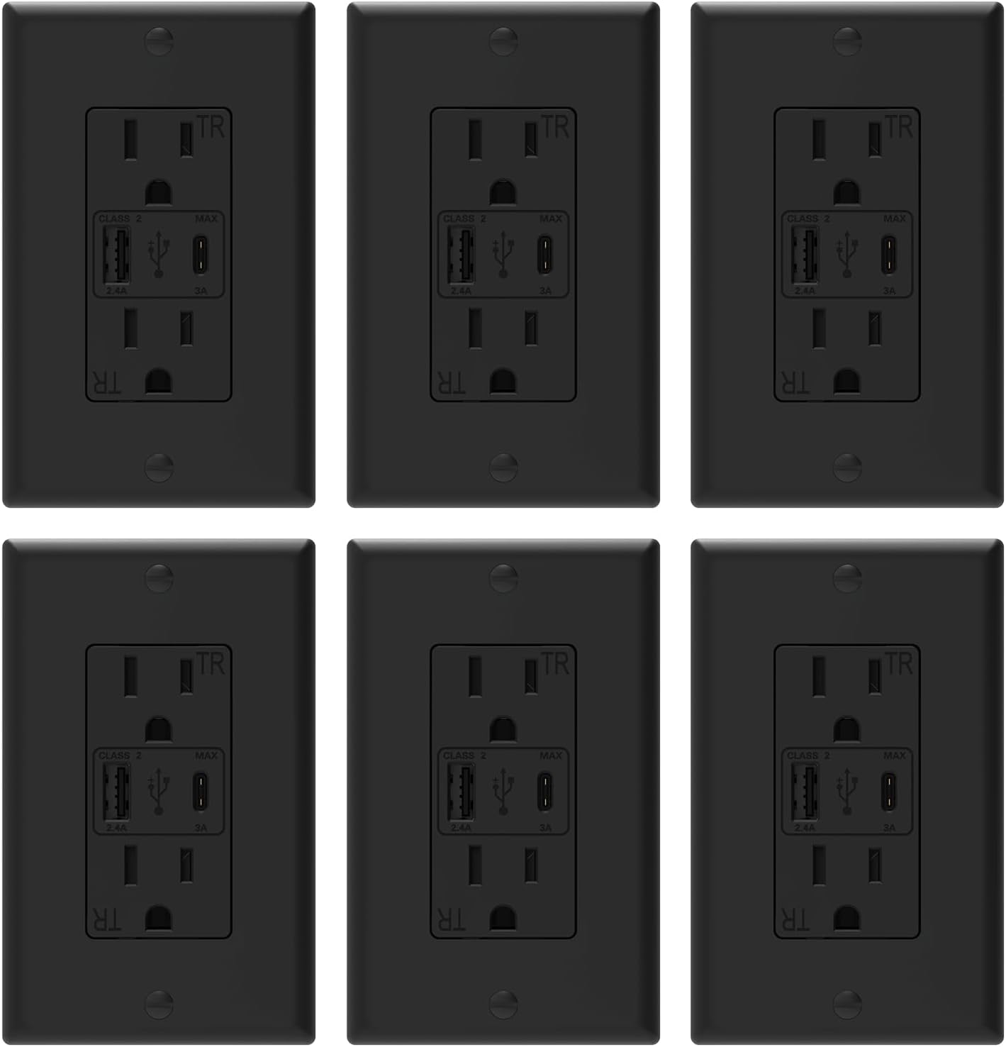 Toma pared USB con puertos A y C 15A negro mate set 6