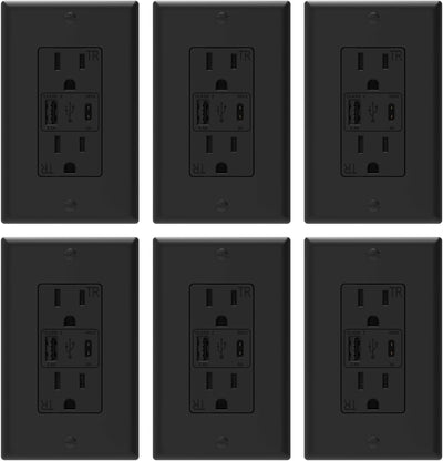 Toma pared USB con puertos A y C 15A negro mate set 6