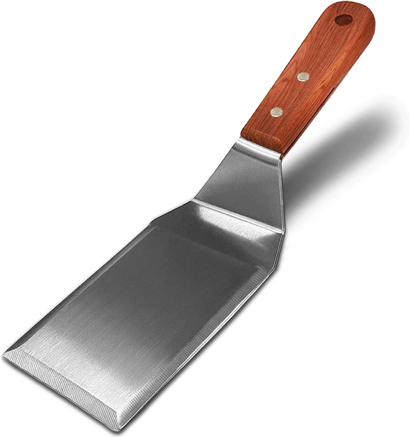 Espátula de acero inoxidable para sartenes de hierro fundido y parrillas planas con mango de madera