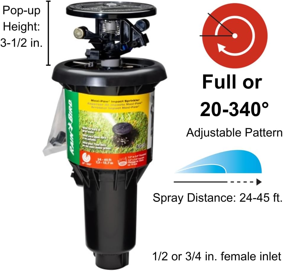 Aspersor impacto desplegable patrón ajustable 20-360° 24-45pies