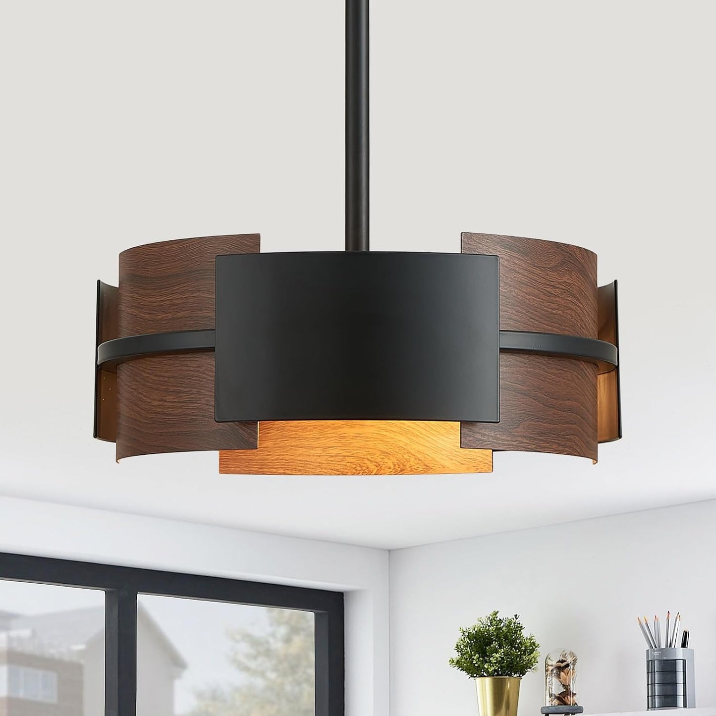 Lámpara techo redonda 13pulg 3 luces negro acabado nogal