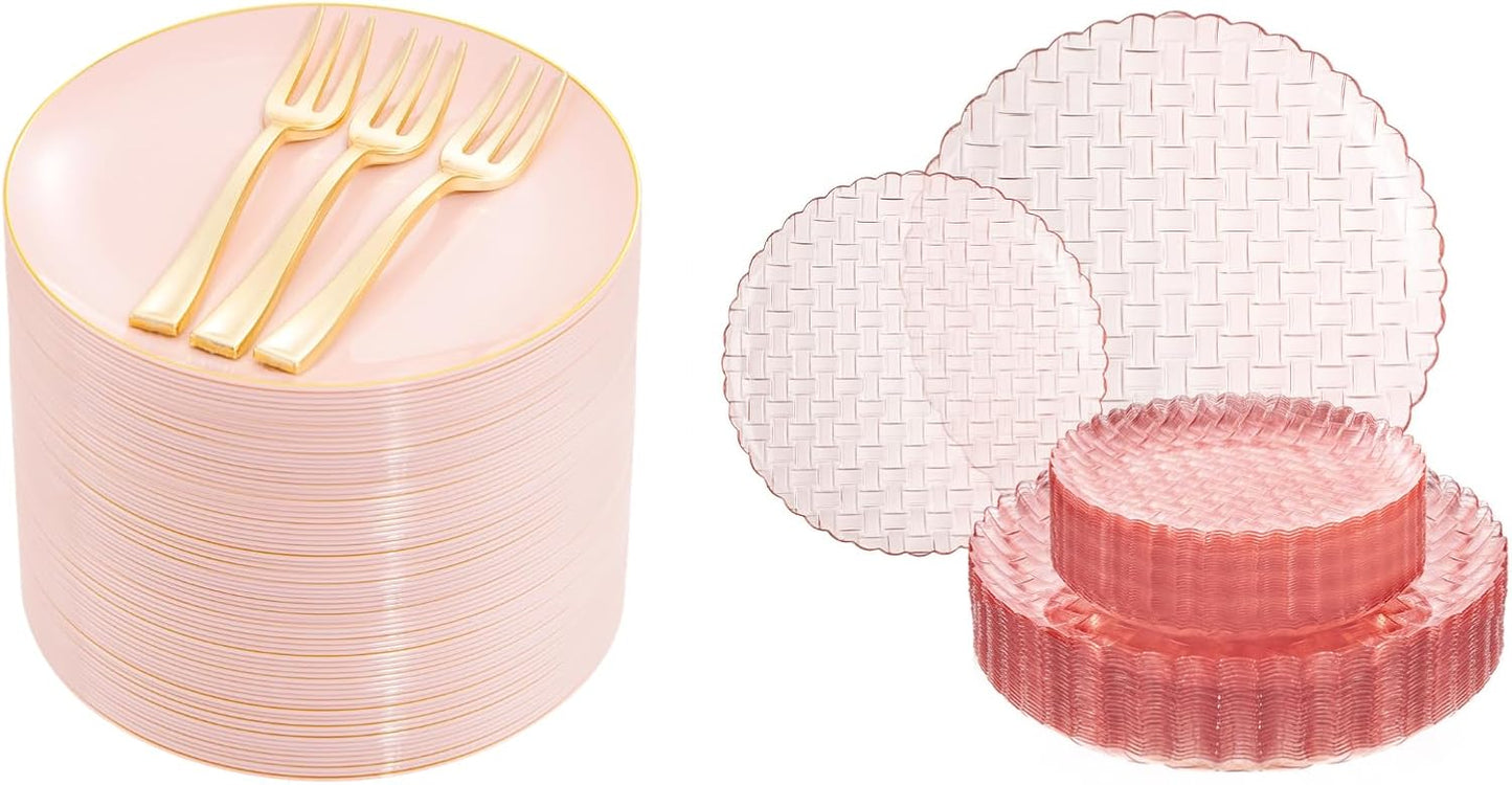 60 Platos Pastel Oro Rosa 6.3pulg Con Tenedores 5pulg