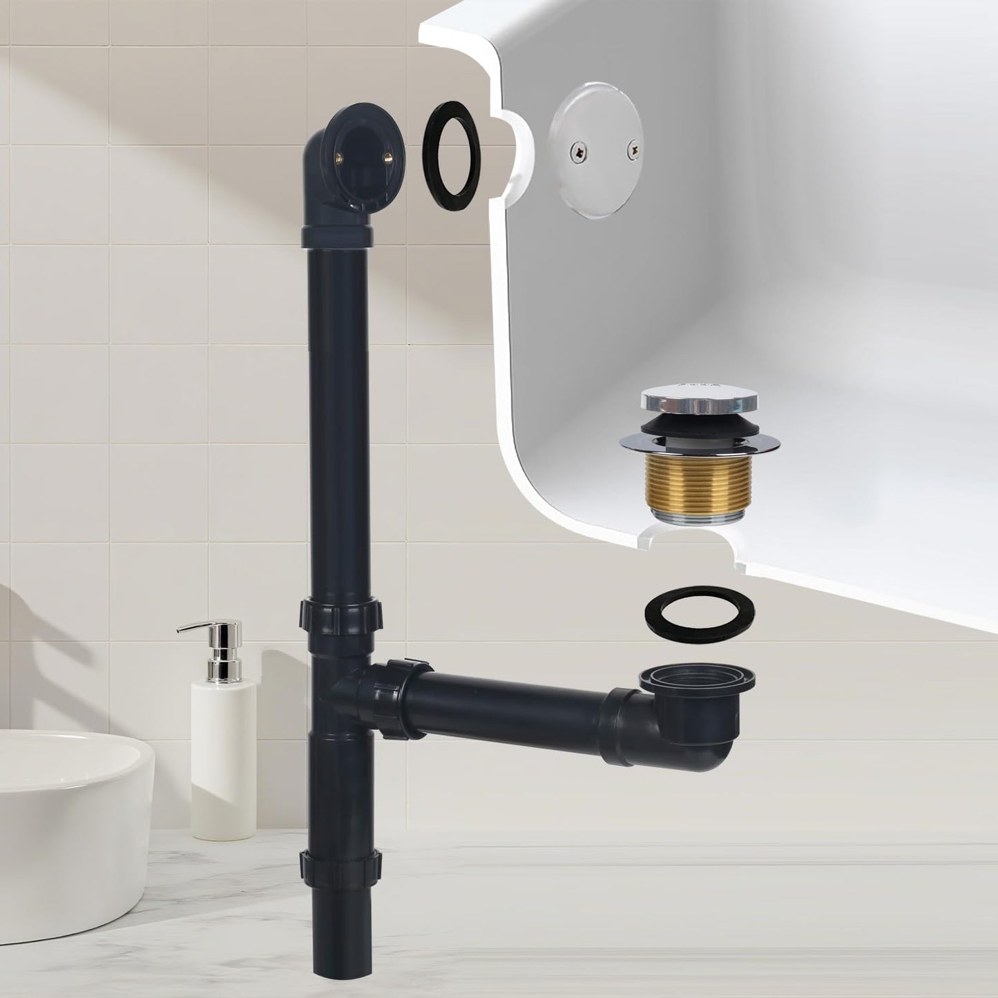 Kit drenaje bañera negro mate tapón 1-1/2pulg 14-16pulg
