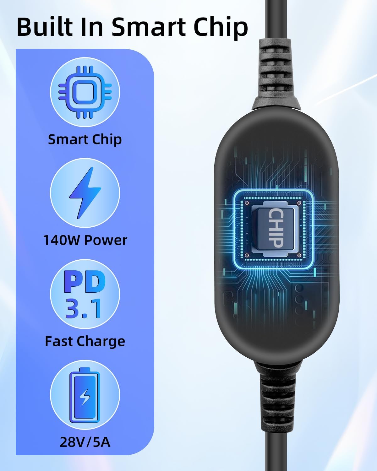 Cable USB C a CC ajustable 140 W interruptor 5-28 V kit 28 enchufes