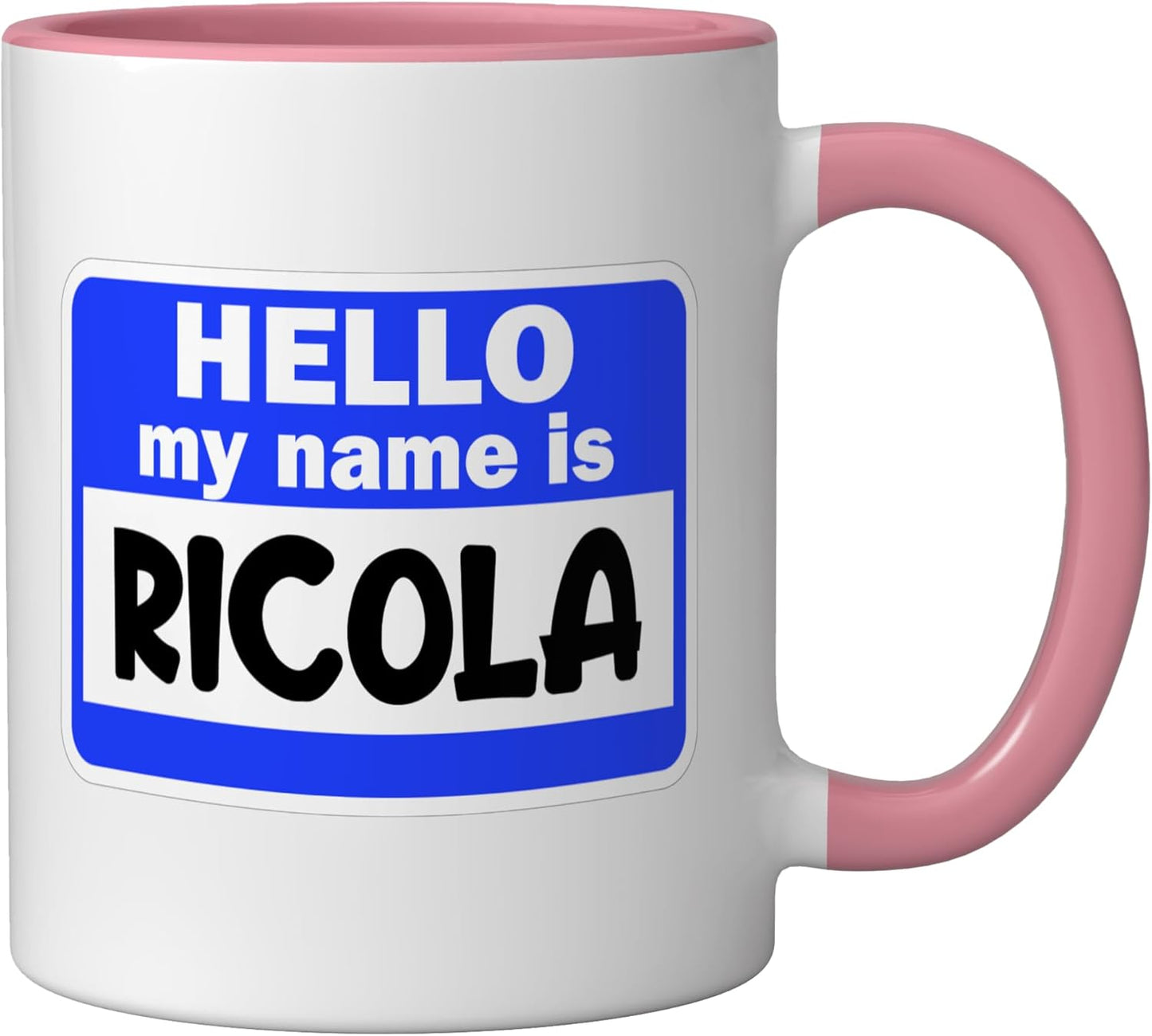 Taza cerámica Funny Hi Hello Mi nombre es Ricola en etiqueta rosa/blanca