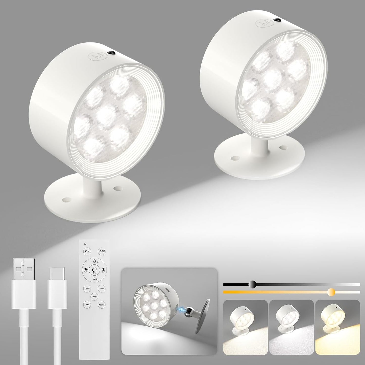 2 Apliques Pared Inalámbricos con Luces LED Regulables
