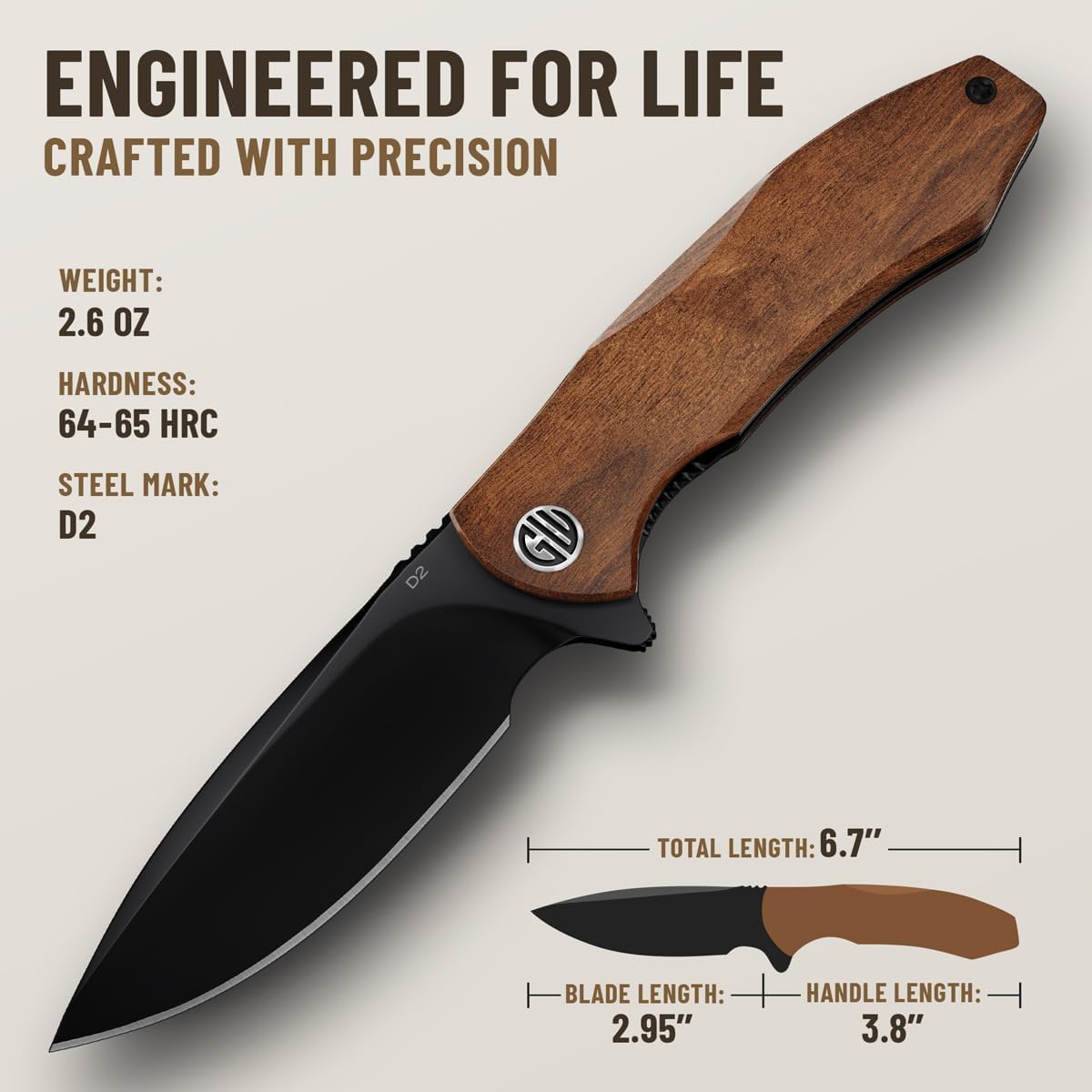 Cuchillo EDC plegable acero D2 mango madera clip transporte