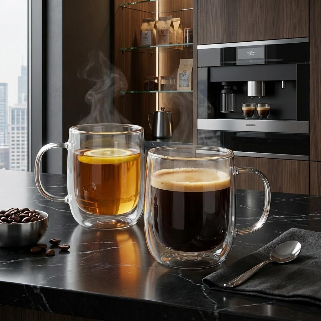 Tazas café vidrio doble pared 14oz set 2