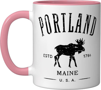 Taza Cerámica Portland Maine Con Moose Desgastado Rosa/Blanco