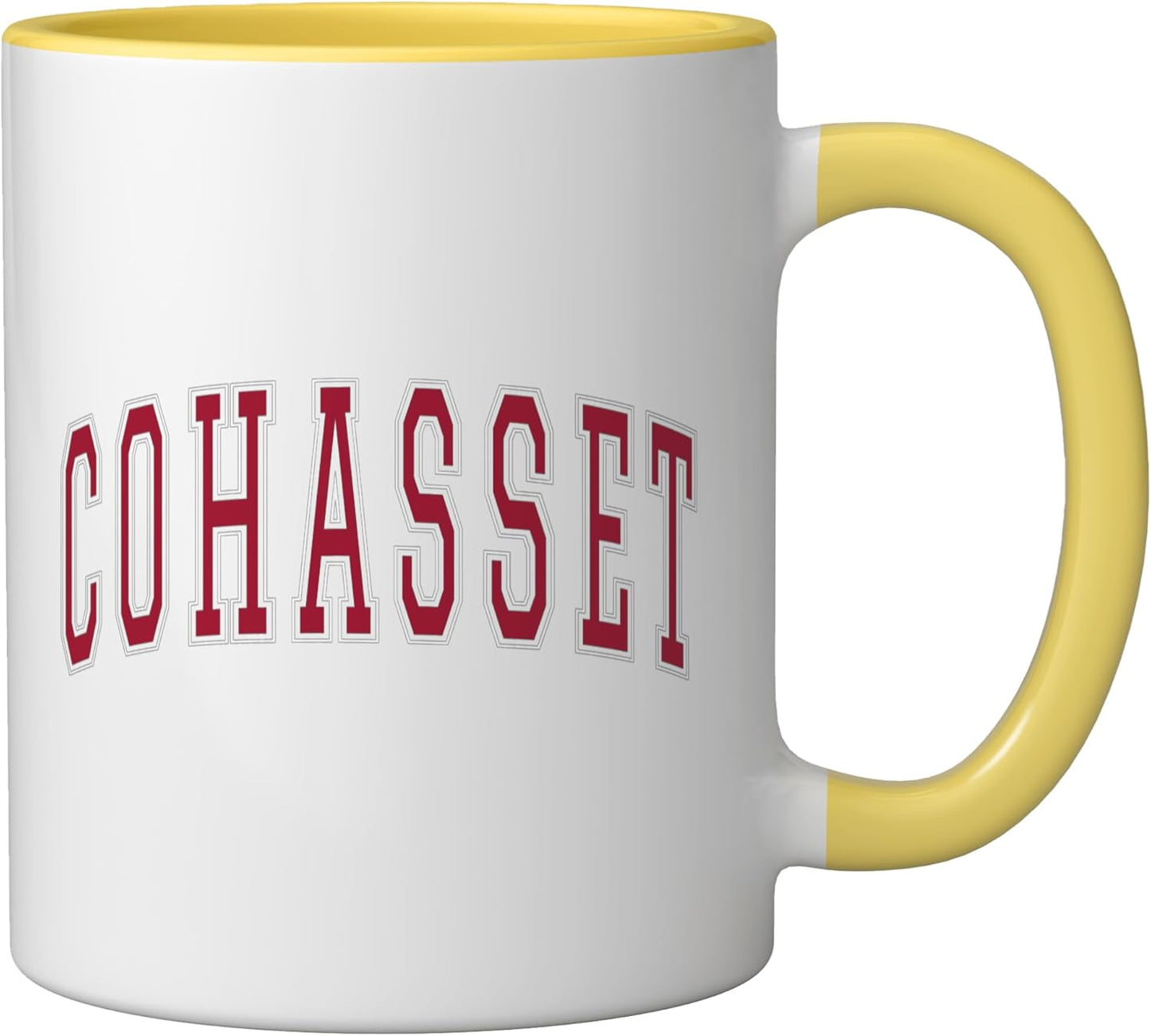 Taza cerámica estilo universidad Cohasset Massachusetts roja con texto amarillo/blanco