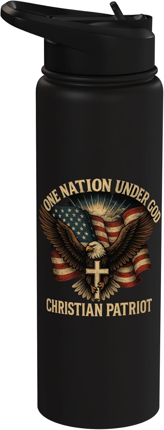 Botella de agua aislada con bandera estadounidense y águila de acero inoxidable
