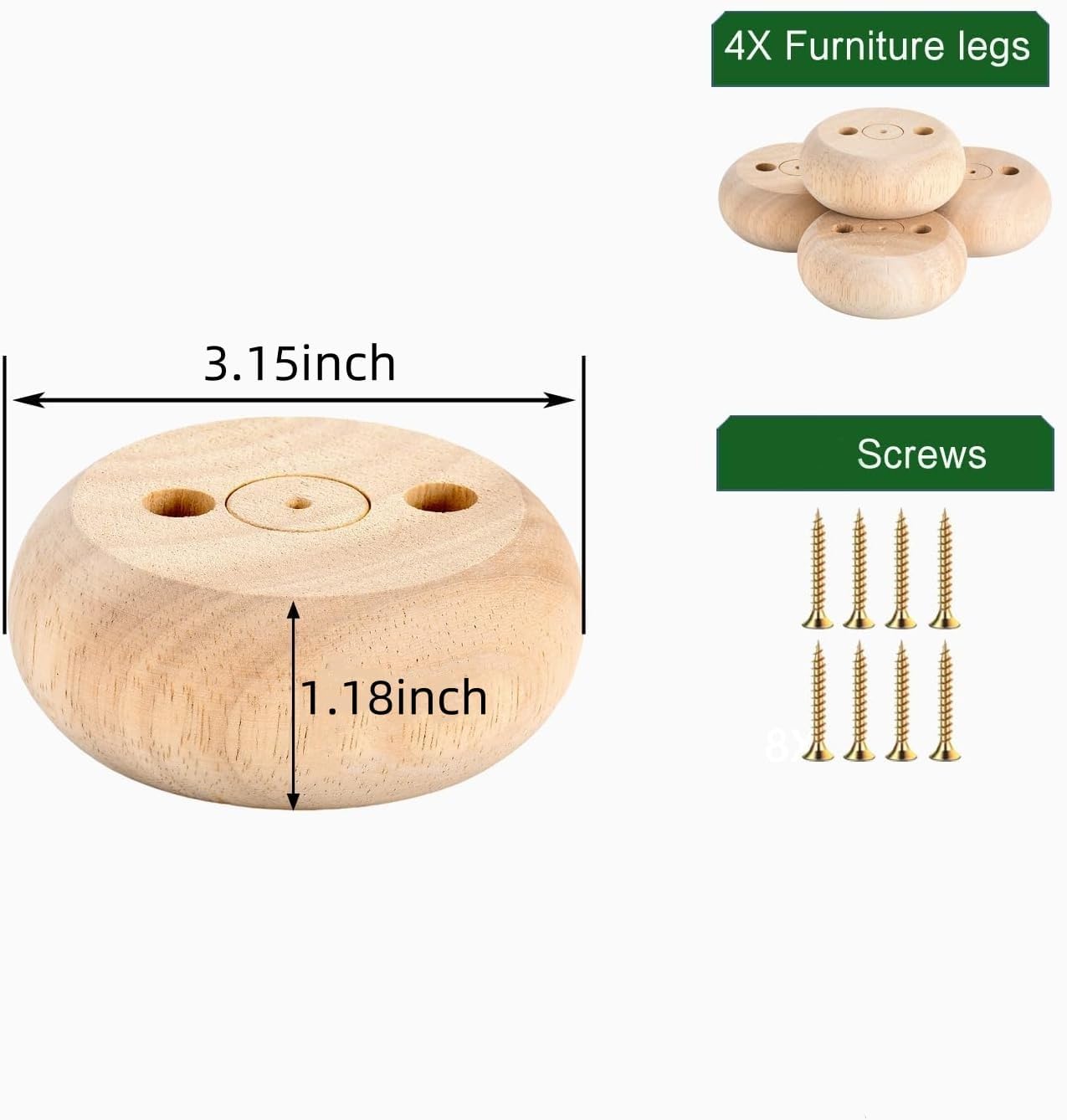 Juego 4 patas mueble madera maciza redonda 1.2pulg