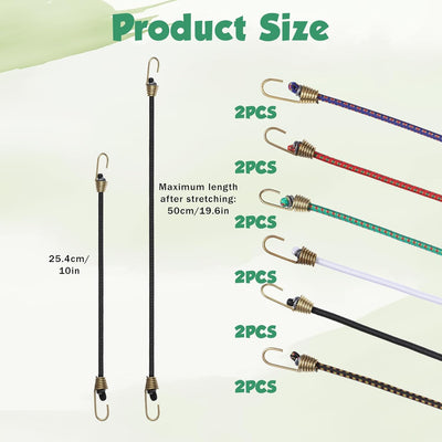 Cordón bungee ajustable 10 pulg con gancho multicolor 12 pzas