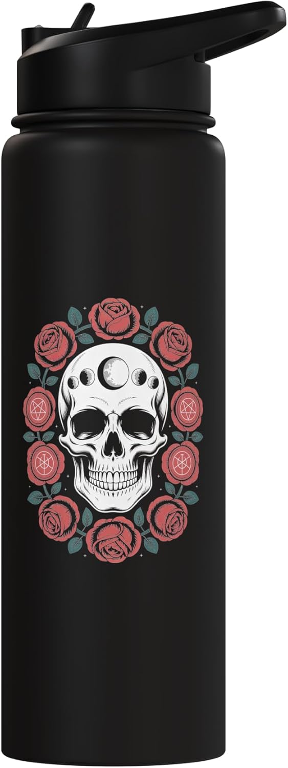 Botella de agua acero inoxidable con diseño calavera, fases de luna y rosas