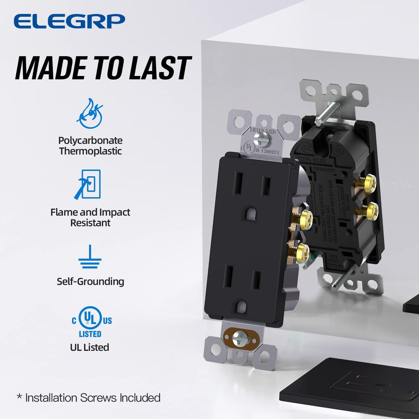 Toma pared eléctrica 15A 125V NEMA 5-15R UL negro mate set 5