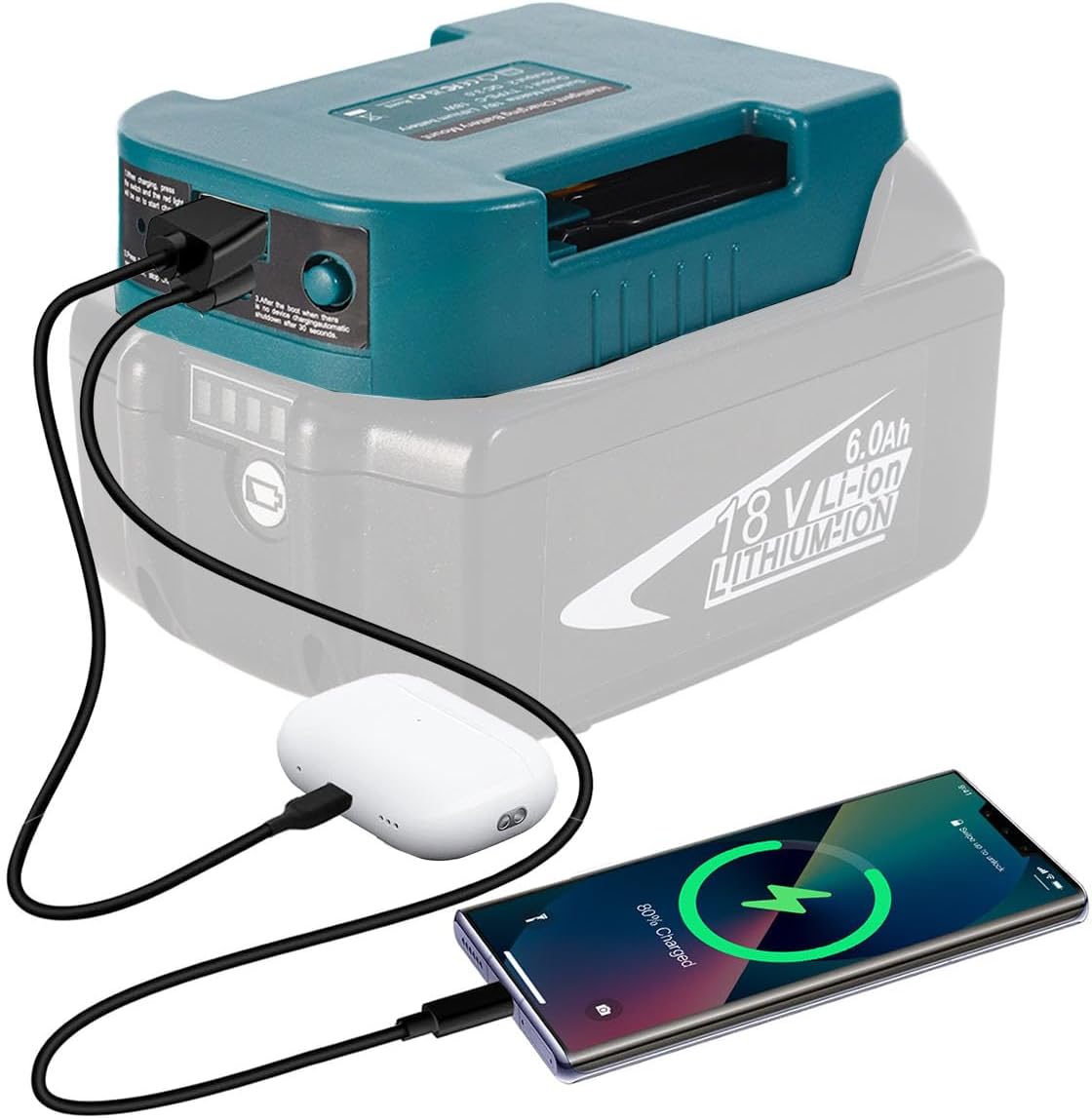 Adaptador batería 18V con cargador dual USB-C y USB-A