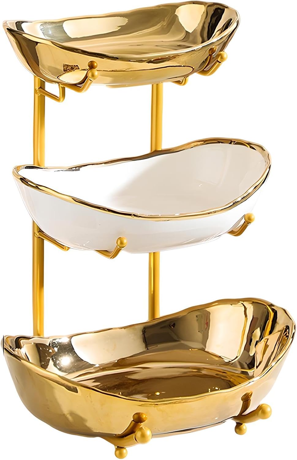 Frutero 3 Niveles Cerámica Oro Blanco Soporte Metal Hogar