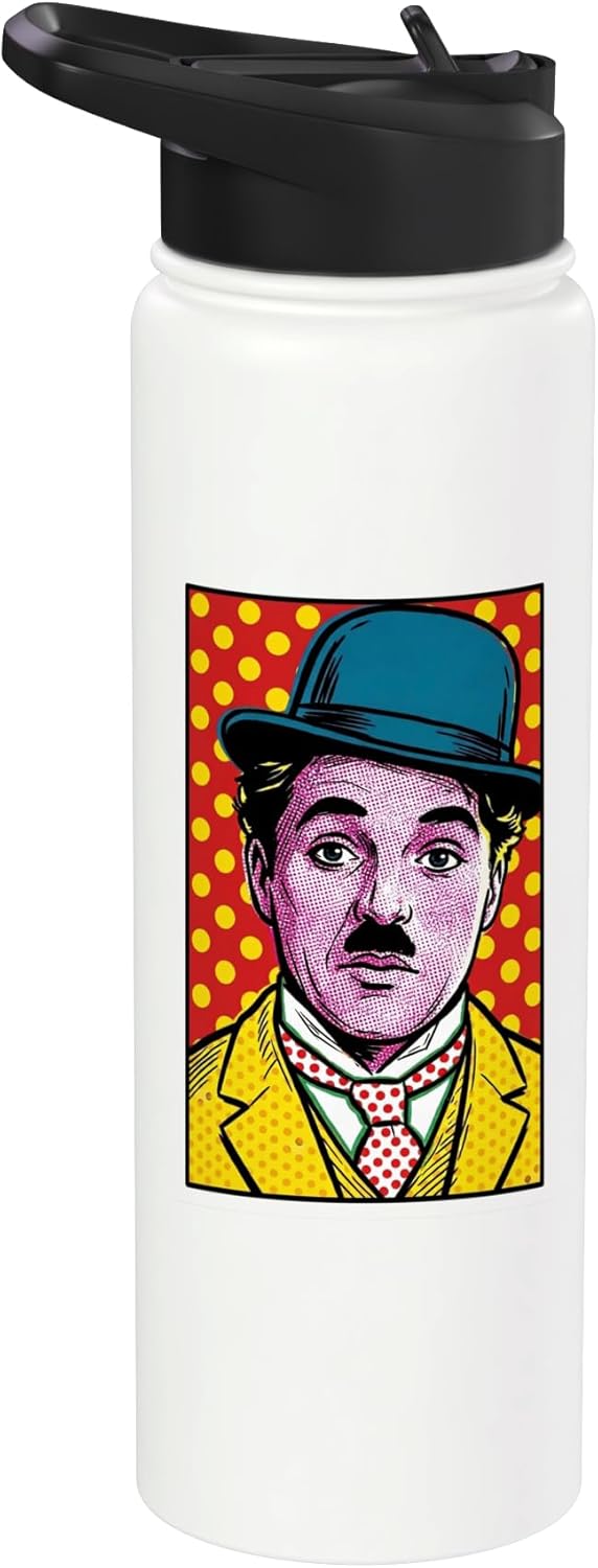 Botella de agua aislada Pop Art retrato azul sombrero bowler