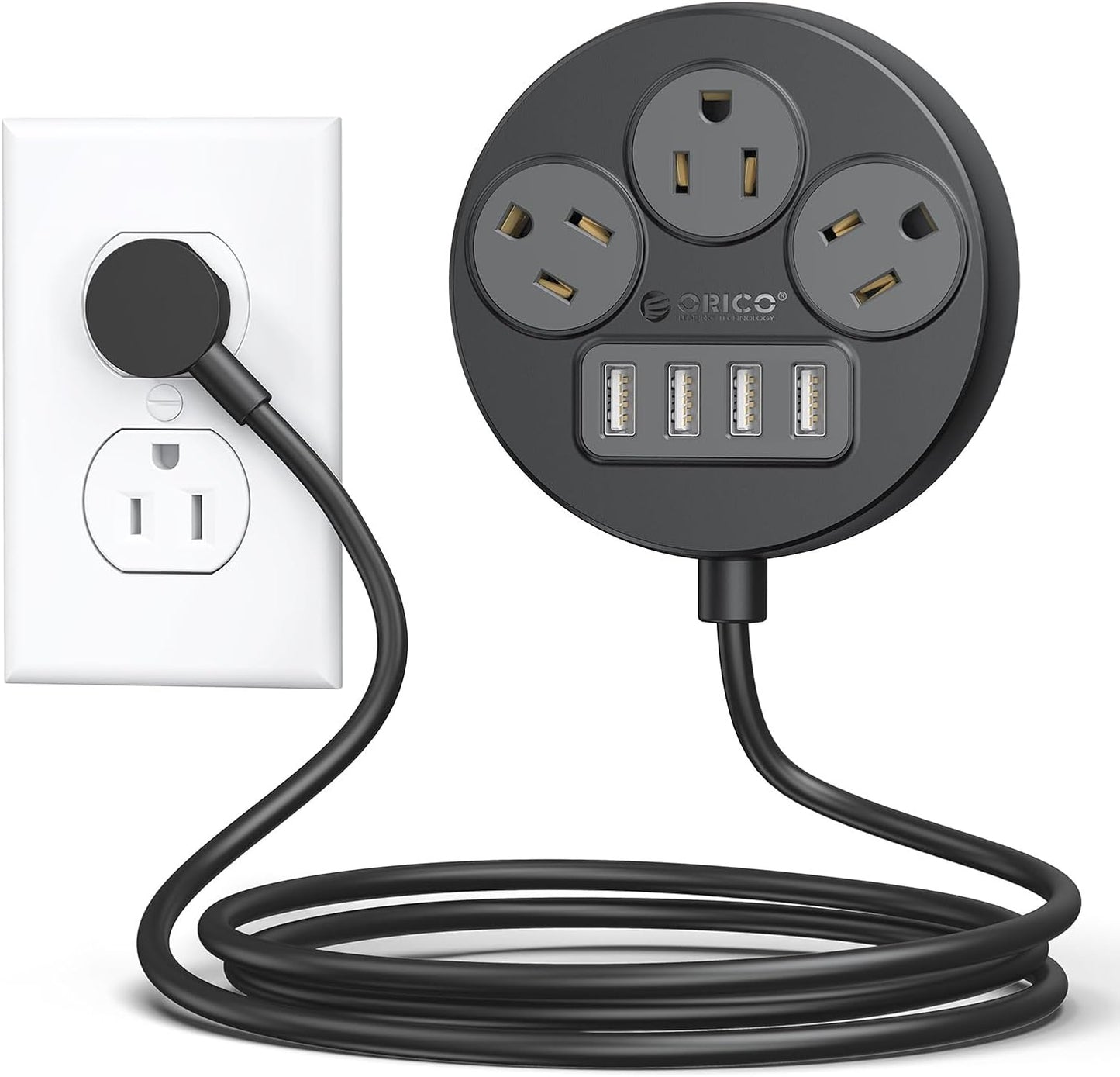 Extensor enchufe plano 45° 3 salidas CA 4 puertos USB-A 5ft negro