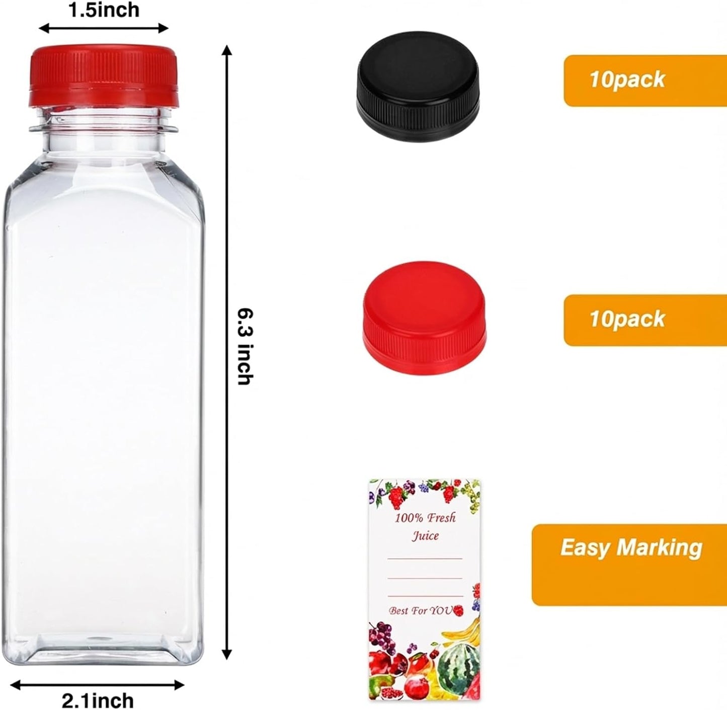 Botellas de plástico para jugo SUPERLELE 12 oz con tapas rojas y negras
