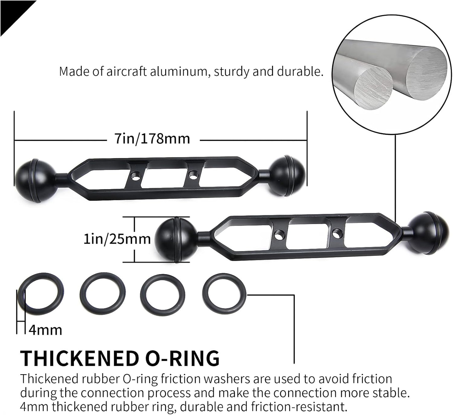Brazo extensión aluminio 7pulg paquete 2 doble bola conector 1pulg