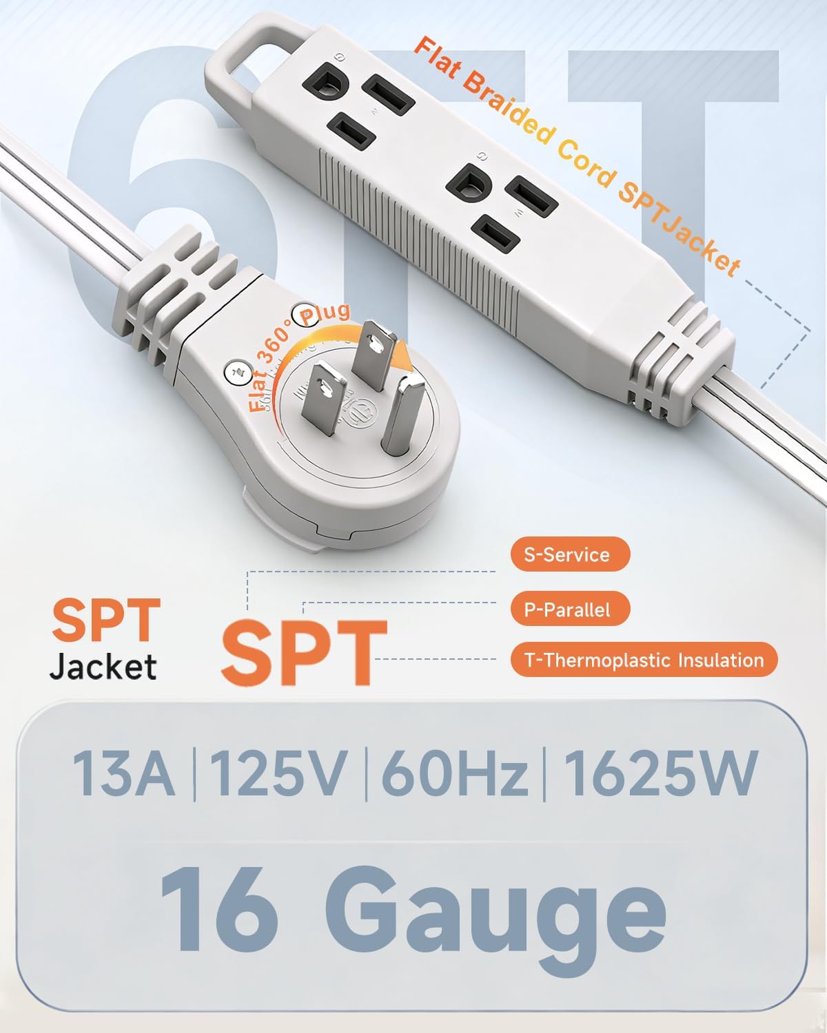 Cable extensión plano giratorio 360° 6ft 3 salidas 16AWG blanco