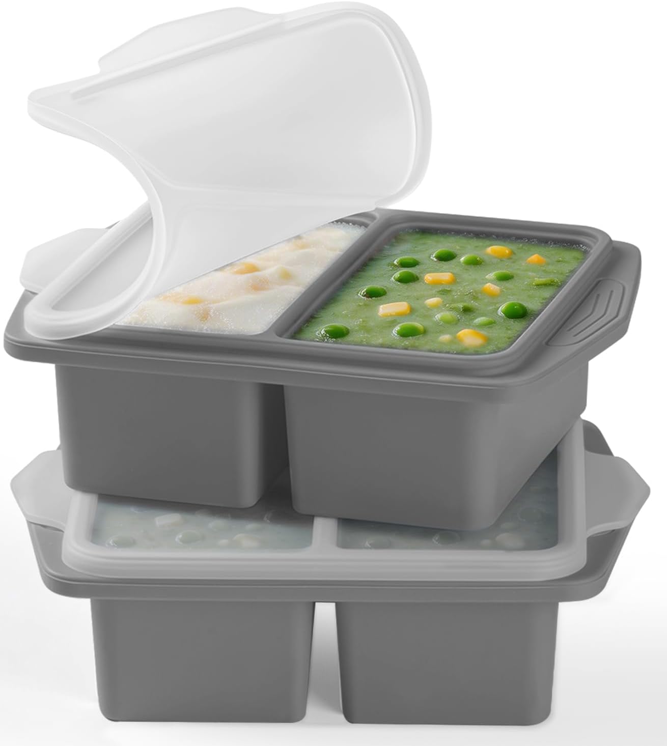 Bandejas de silicona para congelador con tapas, paquete de 2 recipientes de 1 taza y moldes reutilizables