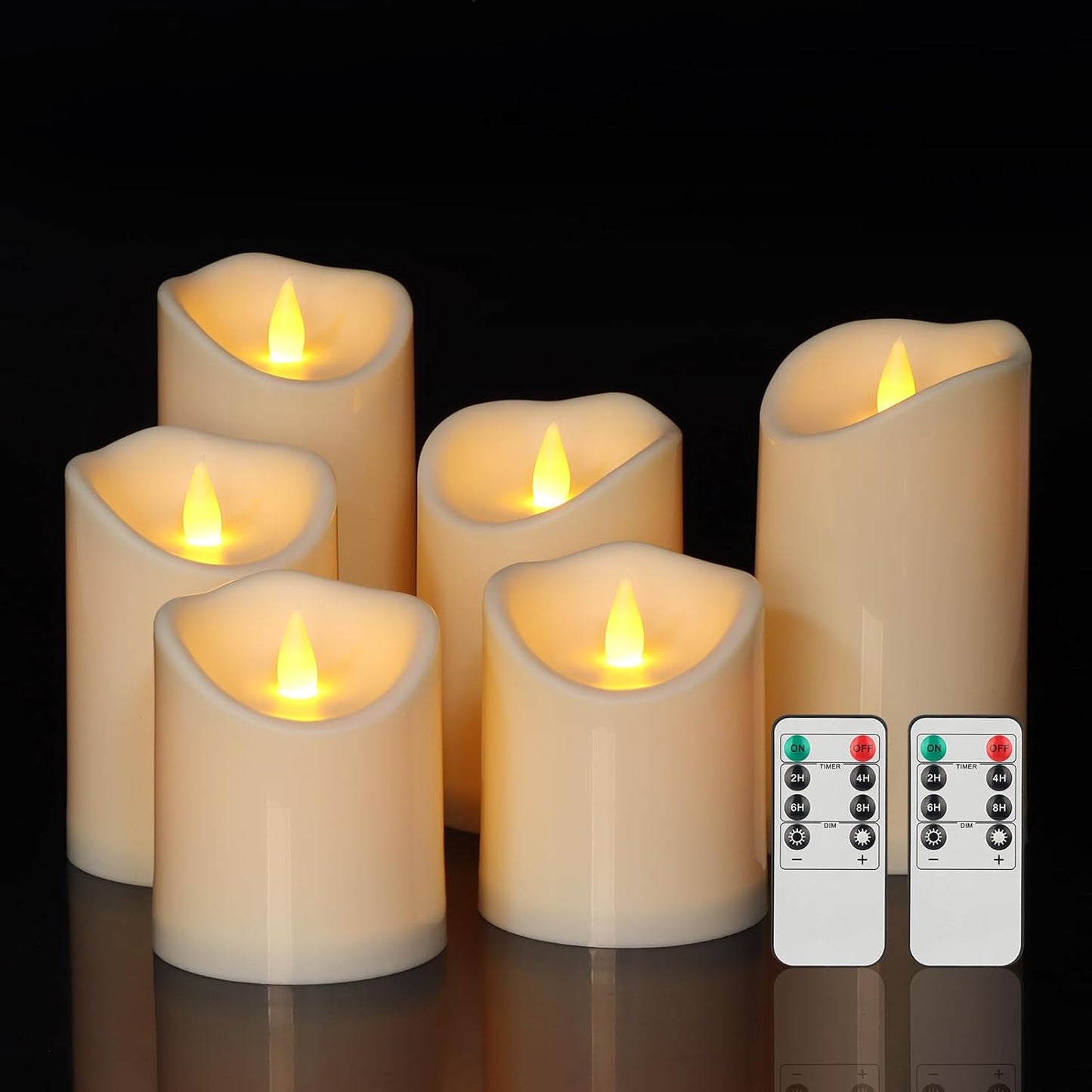 Velas LED 3D sin llama set 6 pilares plástico control remoto