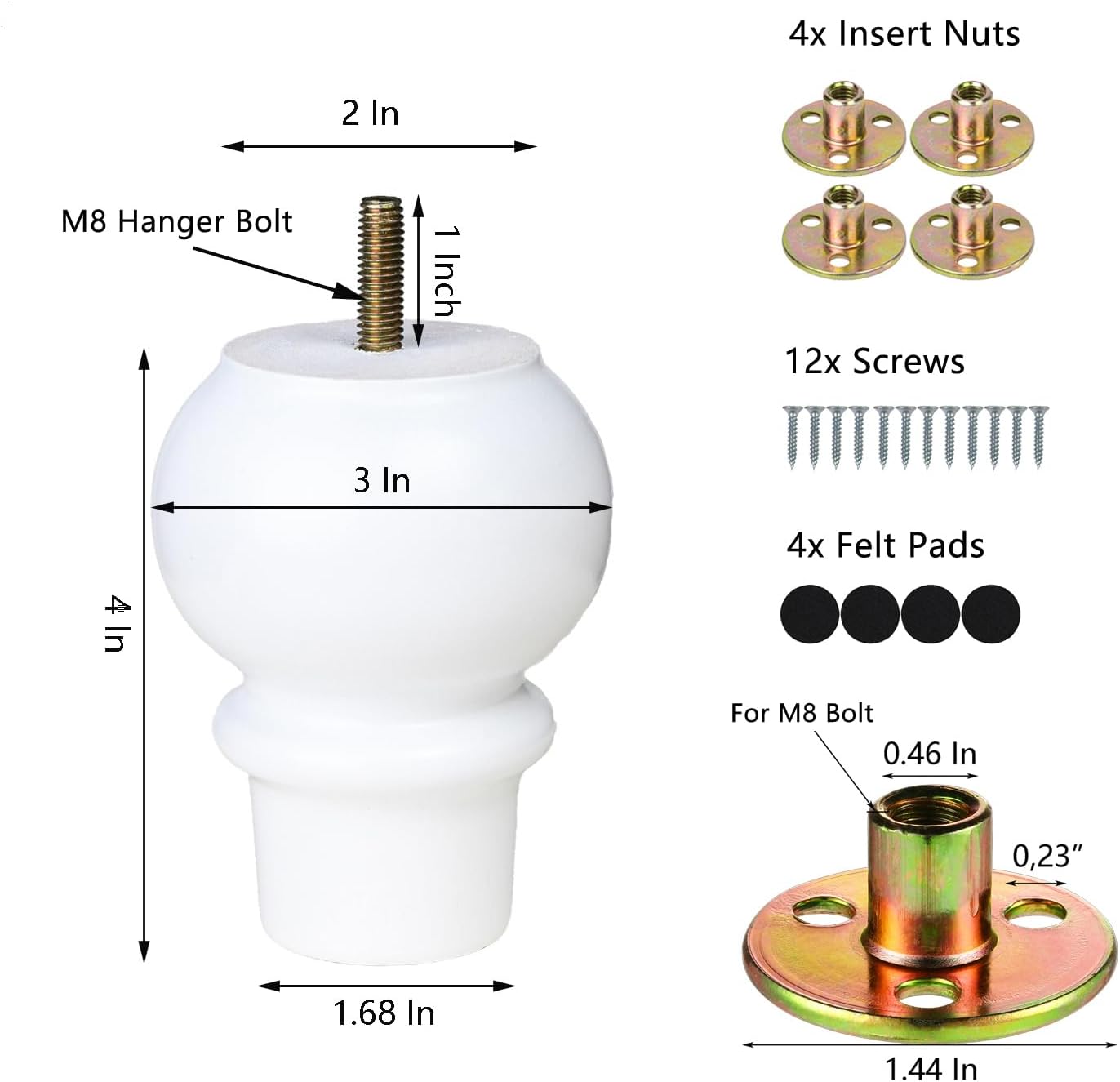 Set 4 Patas Muebles 4pulg Madera Perno M8