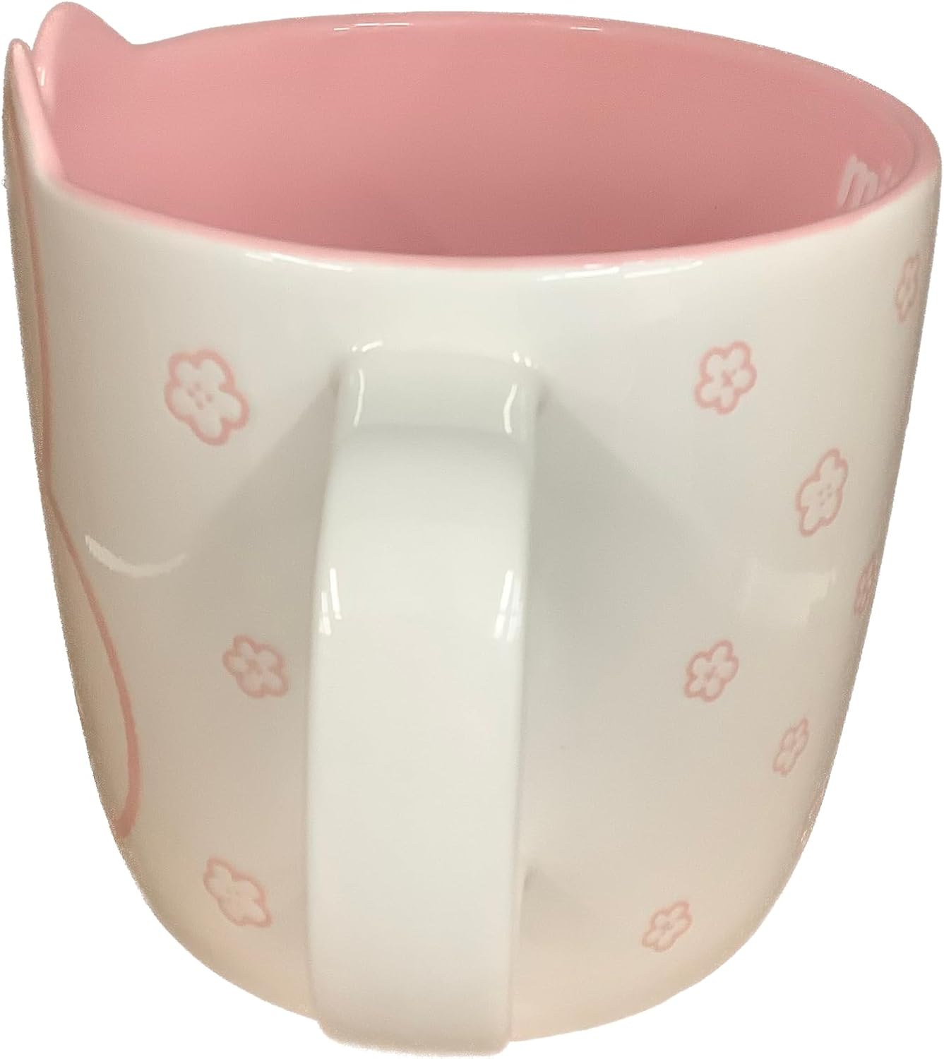 Taza de café con cara de Miffy blanca y rosa y garabatos de flores