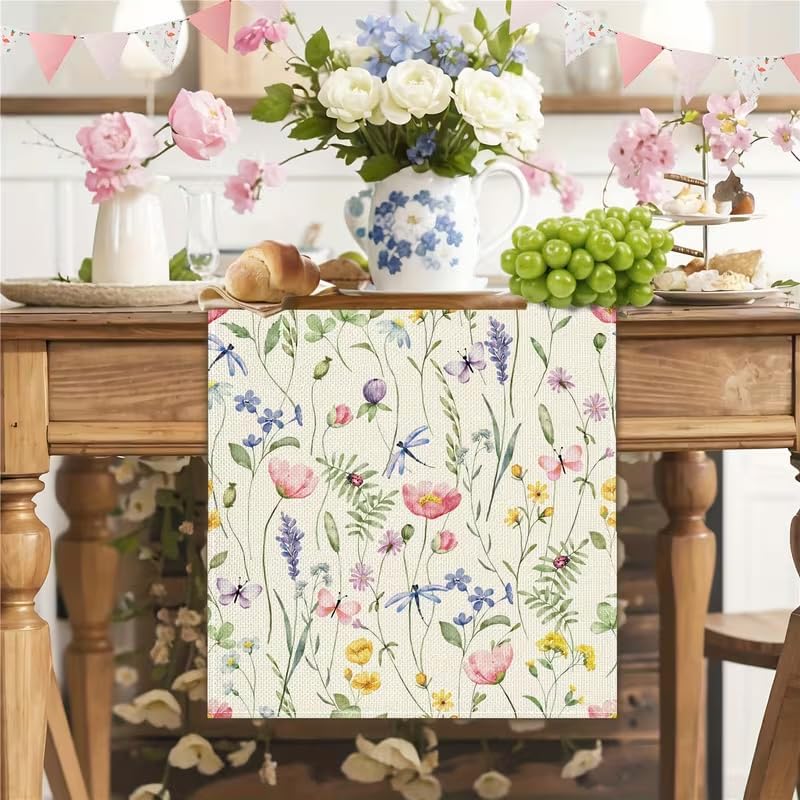 Camino de mesa floral de libélula y mariposa 13 x 72 pulgadas