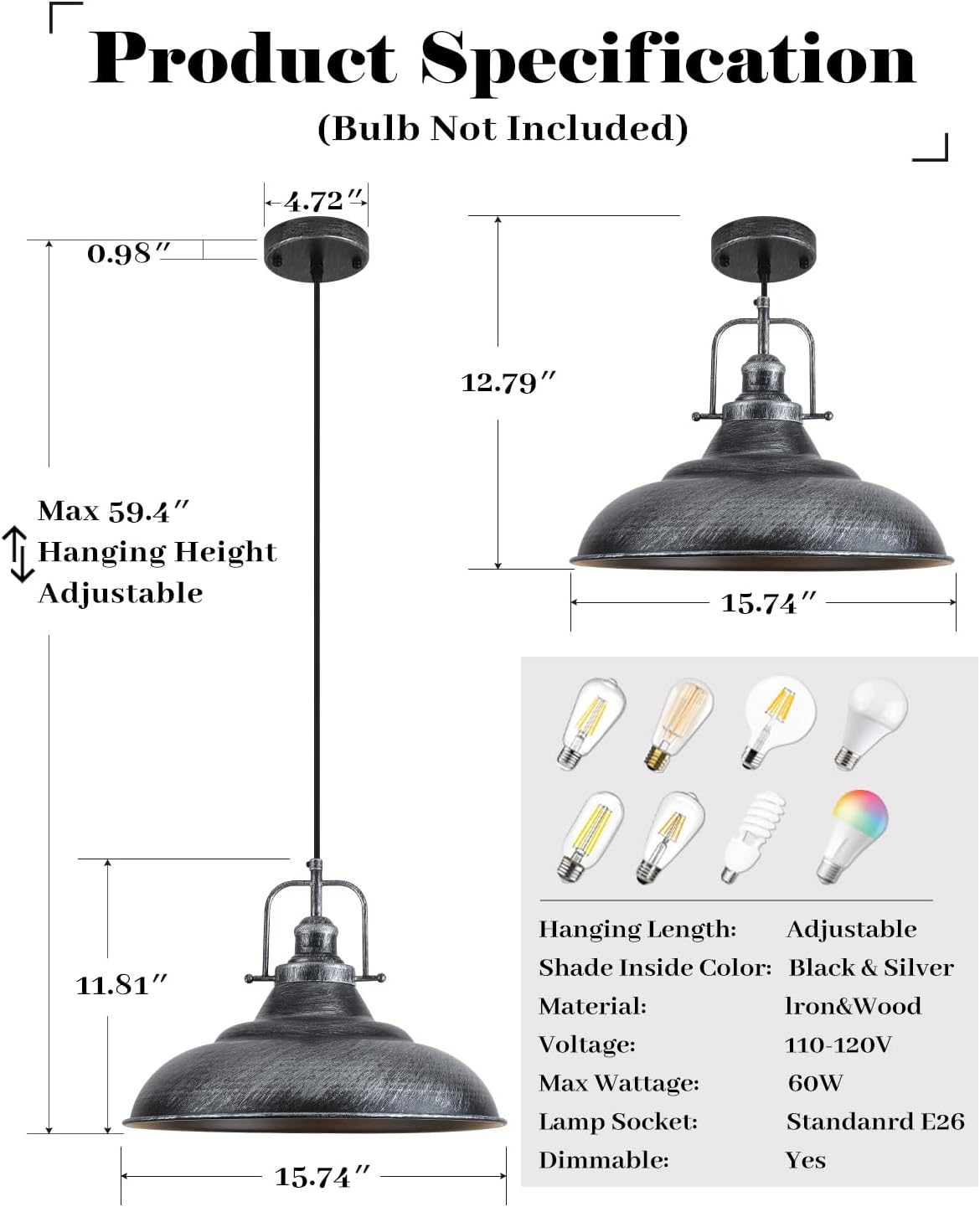 Luz colgante isla cocina 16pulg negra plateada vintage