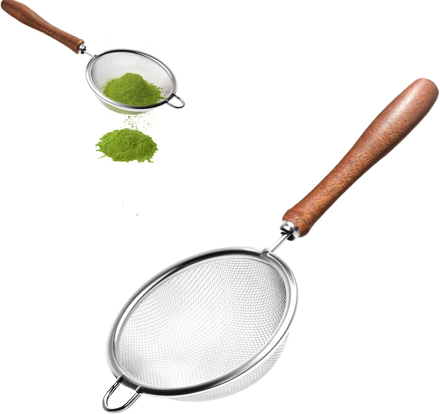 Tamiz matcha de acero inoxidable con mango de madera para té y cacao