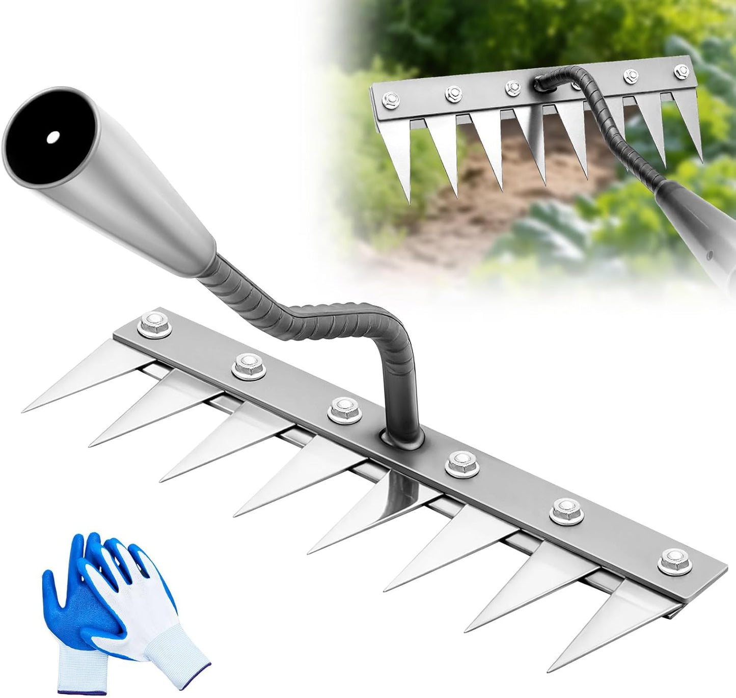 Rastrillo Jardín 8 Dientes Acero Carbono Con Guantes