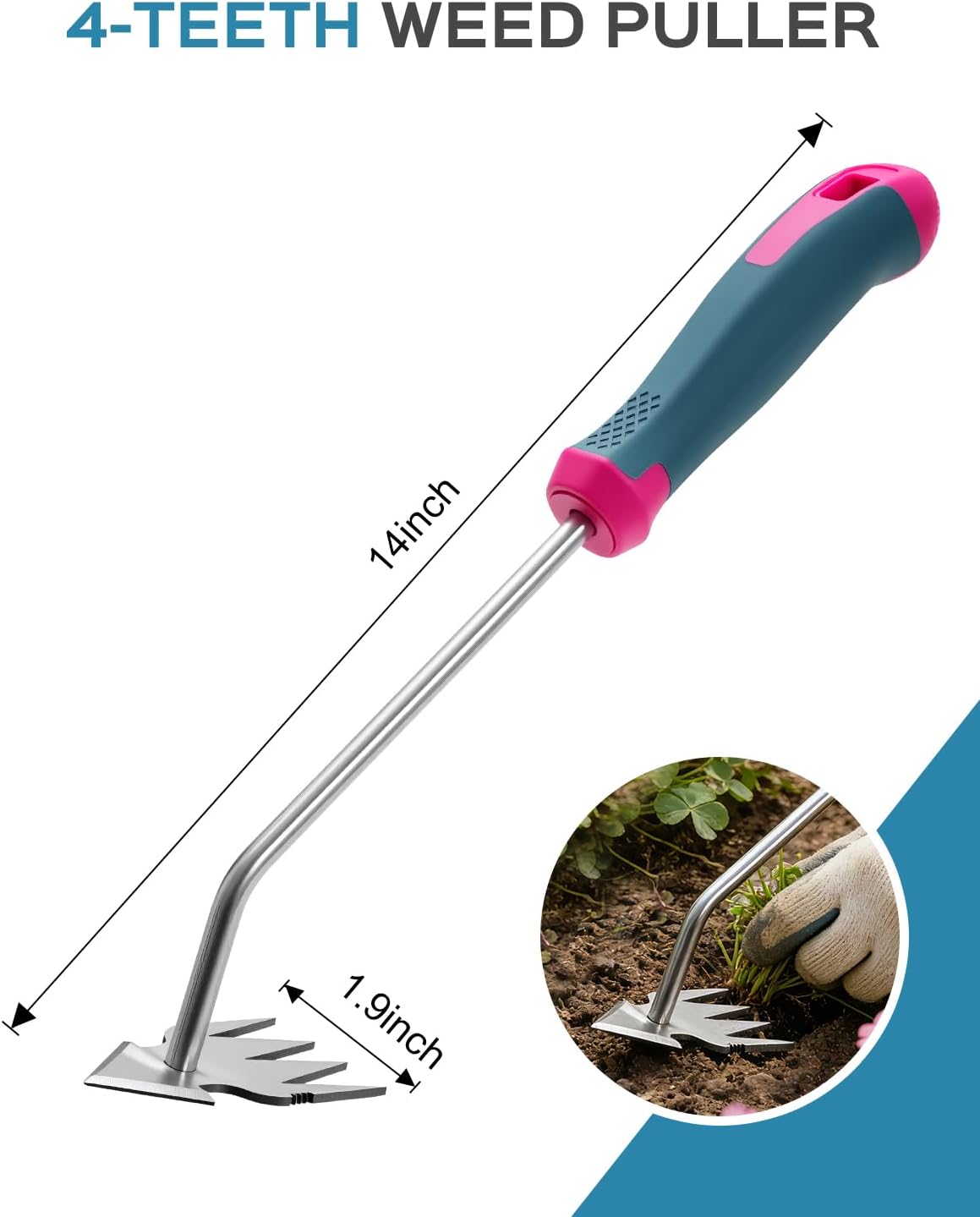 Extractor malezas acero inox 4 dientes mango ergonómico jardín