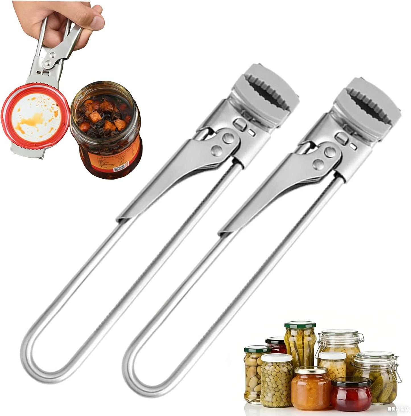 Abrelatas de acero inoxidable ajustable multifuncional con asa para latas y tapas de botellas 2 unidades