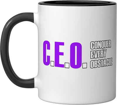 Taza cerámica con diseño púrpura y gráfico para superar obstáculos