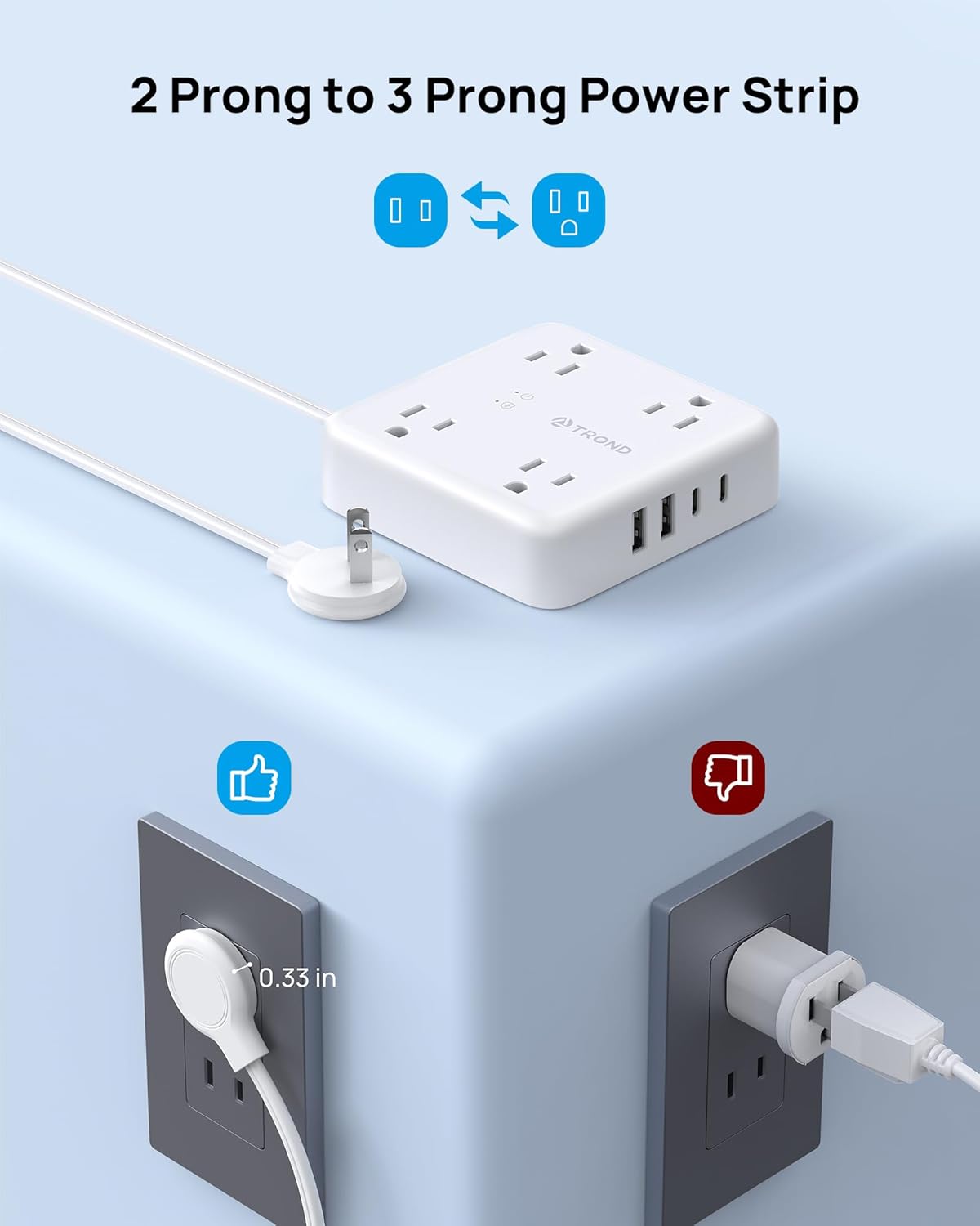 Regleta alimentación 2 clavijas 3 pies con 3 clavijas 4 CA 4 USB