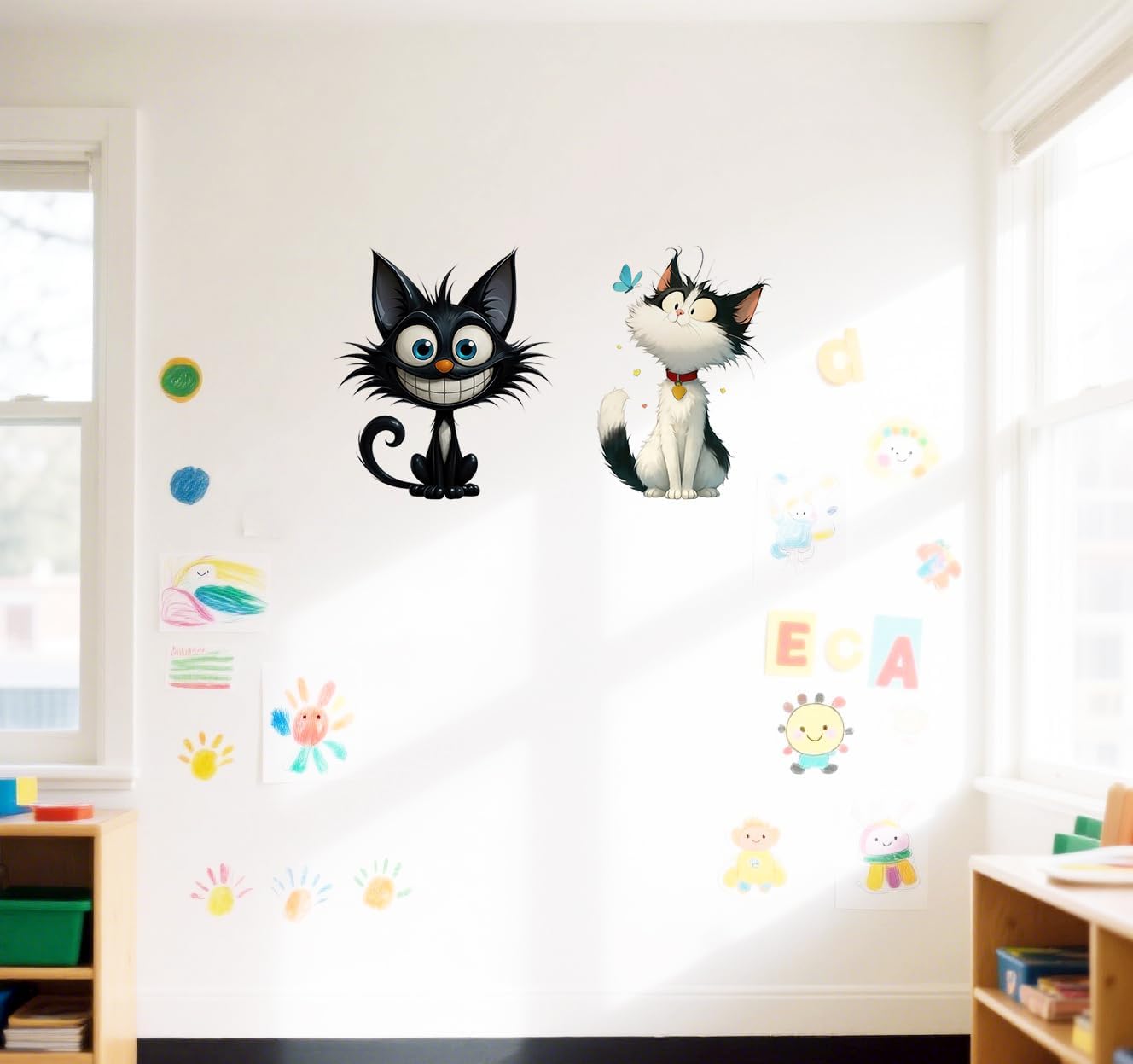 Adhesivo de pared gato con mariposa para niños 11.8x11.8in