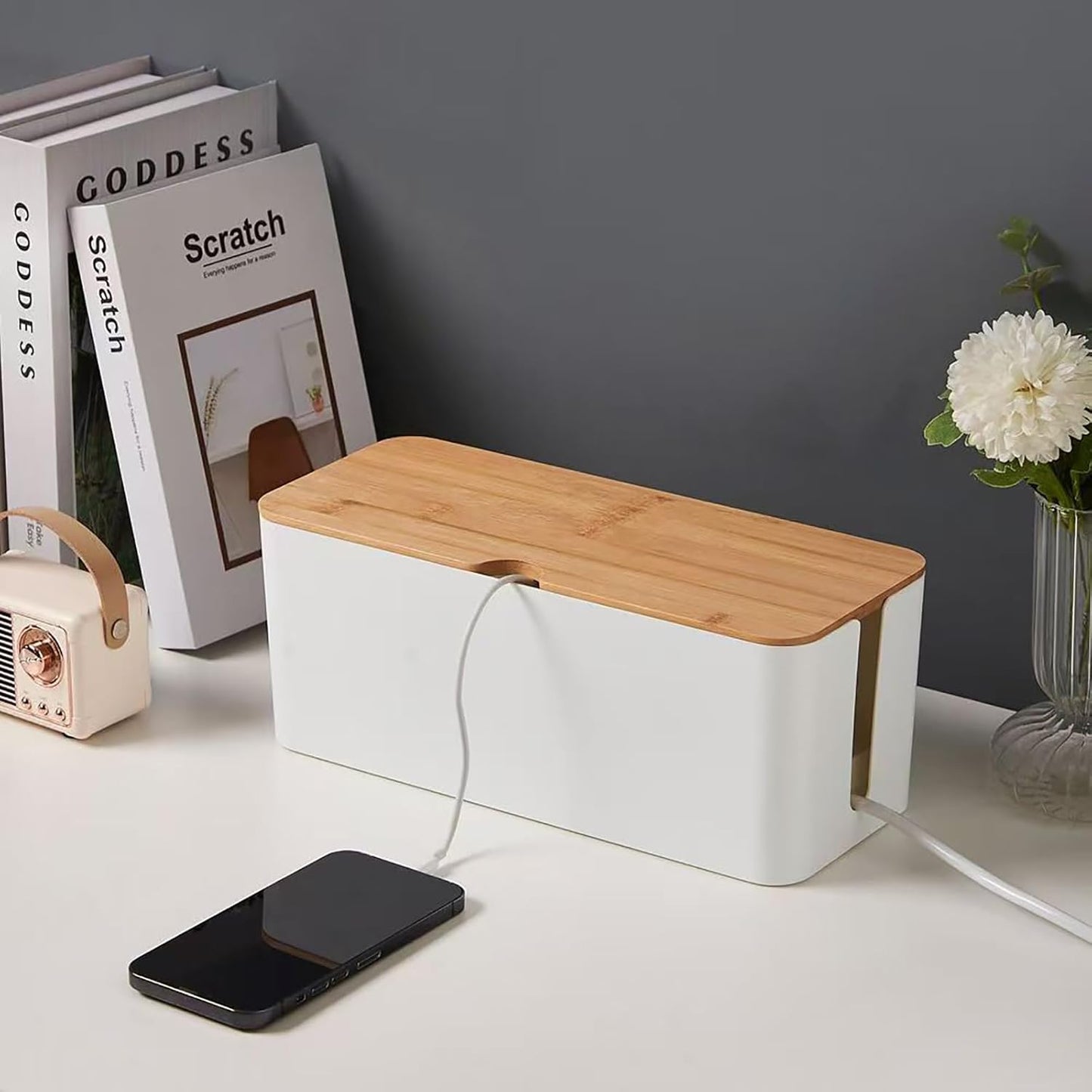 Caja organizadora cables escritorio blanco